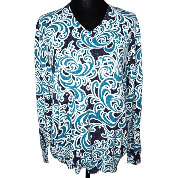 croft & barrow Tops - Croft & Barrow Knit Top Size XL Blue Mermaid Waves Silver Metallic Soft Comfy